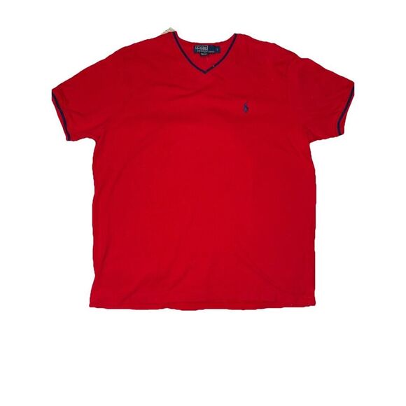 Polo Ralph Lauren Red Ringer V Neck Shirt Mens L Large Heavy Cotton Logo Y2K - Picture 1 of 10